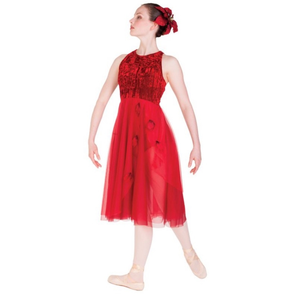 Red Burgundy Velvet Top Sheer Skirt Dress